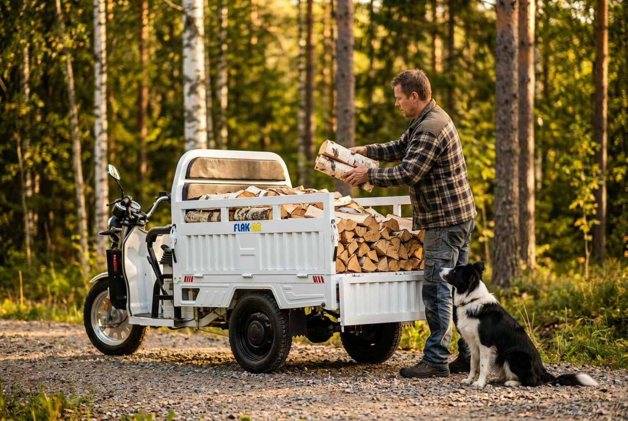 Man lastar av ved från FLAK-AN på grusväg, hund sitter bredvid