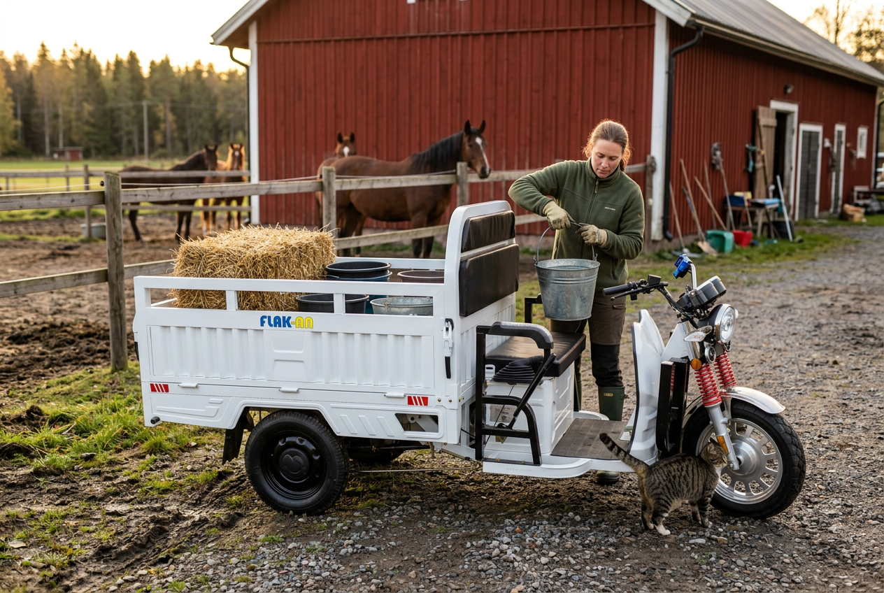 Kvinna lyfter vatten och hö från FLAK-AN vid stallet, katt vid framhjulet